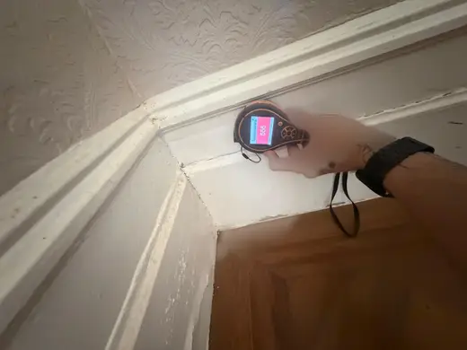 Moisture meter reading 555 REL in the reception room