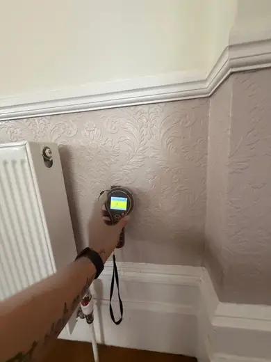Moisture meter reading 111 REL in the reception room