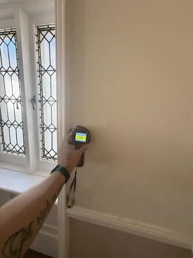 Moisture meter reading 181 REL in the reception room
