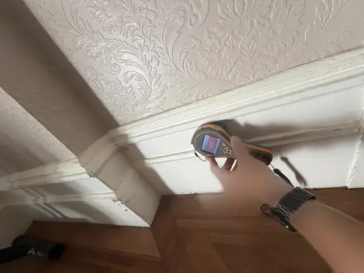 Moisture meter reading 607 REL in the reception room