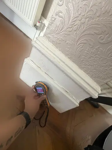 Moisture meter reading 522 REL in the reception room