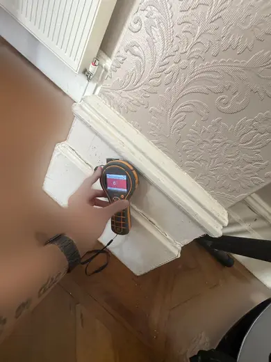 Moisture meter reading 686 REL in the reception room