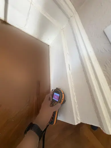 Moisture meter reading 655 REL in the reception room
