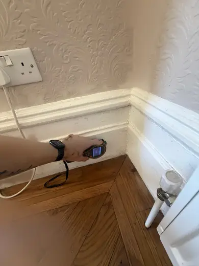 Moisture meter reading 398 REL in the reception room