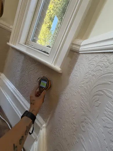 Moisture meter reading 175 REL in the reception room