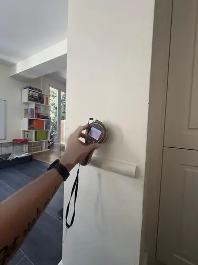 Moisture meter reading 551 REL in the kitchen
