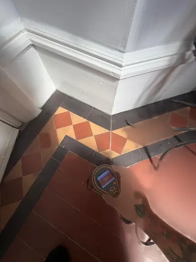 Moisture meter reading 721 REL in the entrance hallway