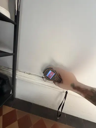 Moisture meter reading 242 REL in the entrance hallway