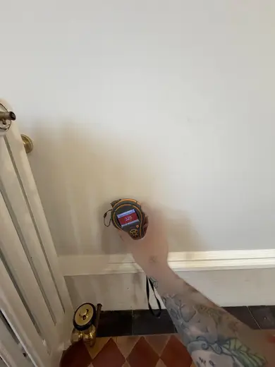 Moisture meter reading 325 REL in the entrance hallway