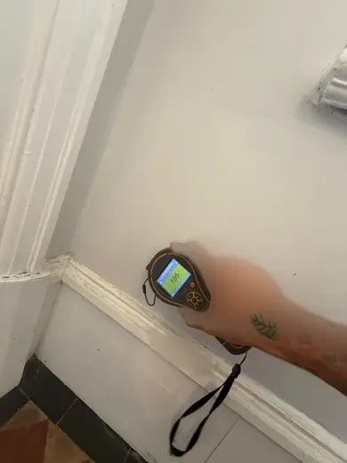 Moisture meter reading 195 REL in the entrance hallway