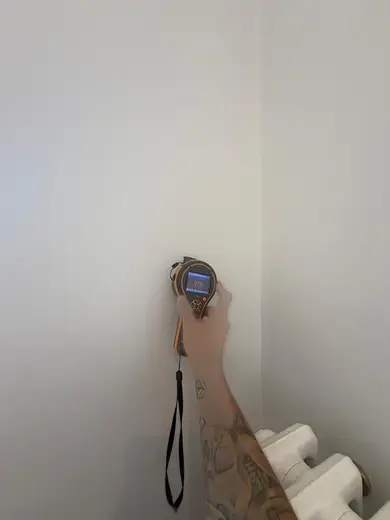 Moisture meter reading 279 REL in the entrance hallway