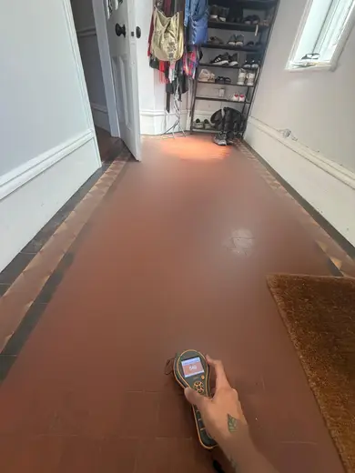 Moisture meter reading 549 REL in the entrance hallway