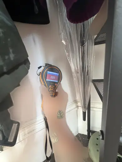 Moisture meter reading 225 REL in the entrance hallway