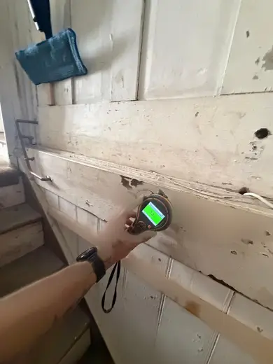 Moisture meter reading 133 REL in the entrance hallway